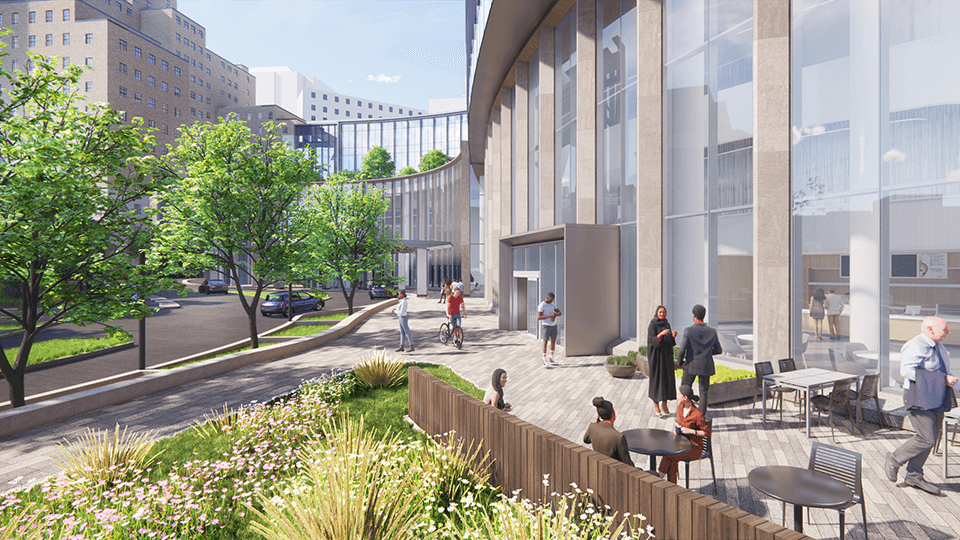 An exterior rendering of the UPMC Presbyterian expansion entryway.